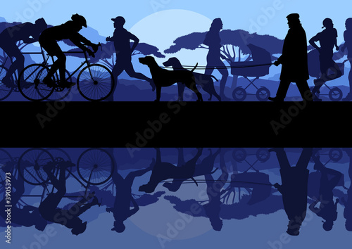 People walking, running and cycling in nature park landscape