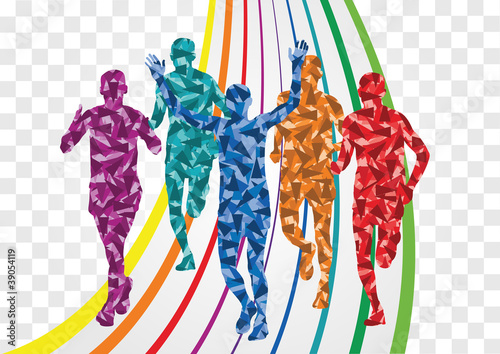 Marathon runners in colorful rainbow landscape