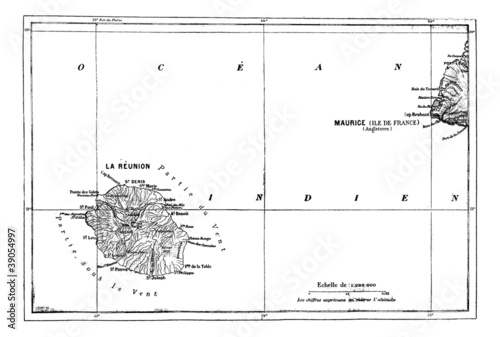 Reunion and Mauritius Map, vintage engraving.