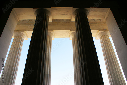 View out between columns of Lincoln Memorial, Washington DC, USA