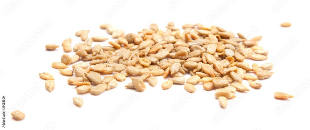 handful of cleaned salted sunflower seeds isolated on white back handful of cleaned salted sunflower seeds isolated on white back