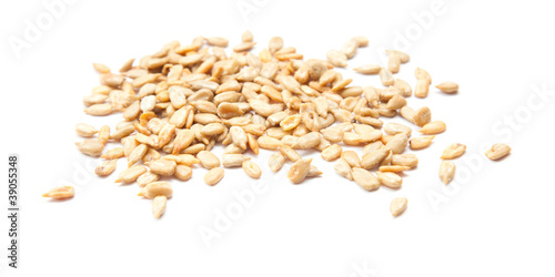 handful of claned salted sunflower seeds isolated on white backg