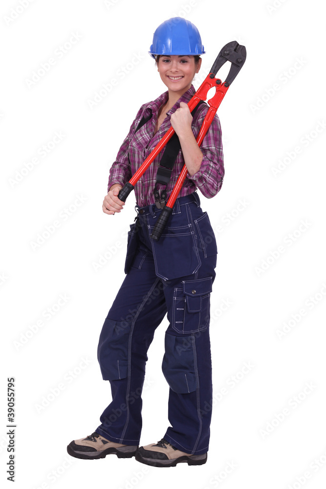 Happy handywoman isolated on white background Happy handywoman isolated on white background