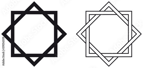 Octagram. The eight-pointed geometric star figure is the compound of two equilateral squares. The intersection is a regular octagon. Illustration on white background. Vector.