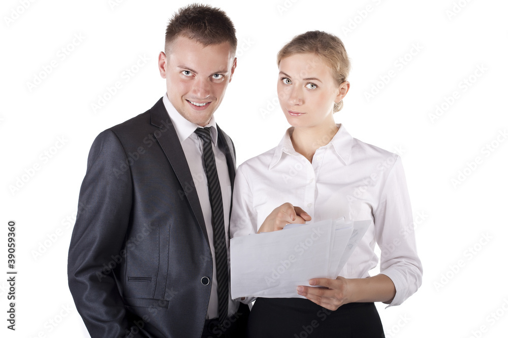Two happy smiling cheerful business people working Two happy smiling cheerful business people working