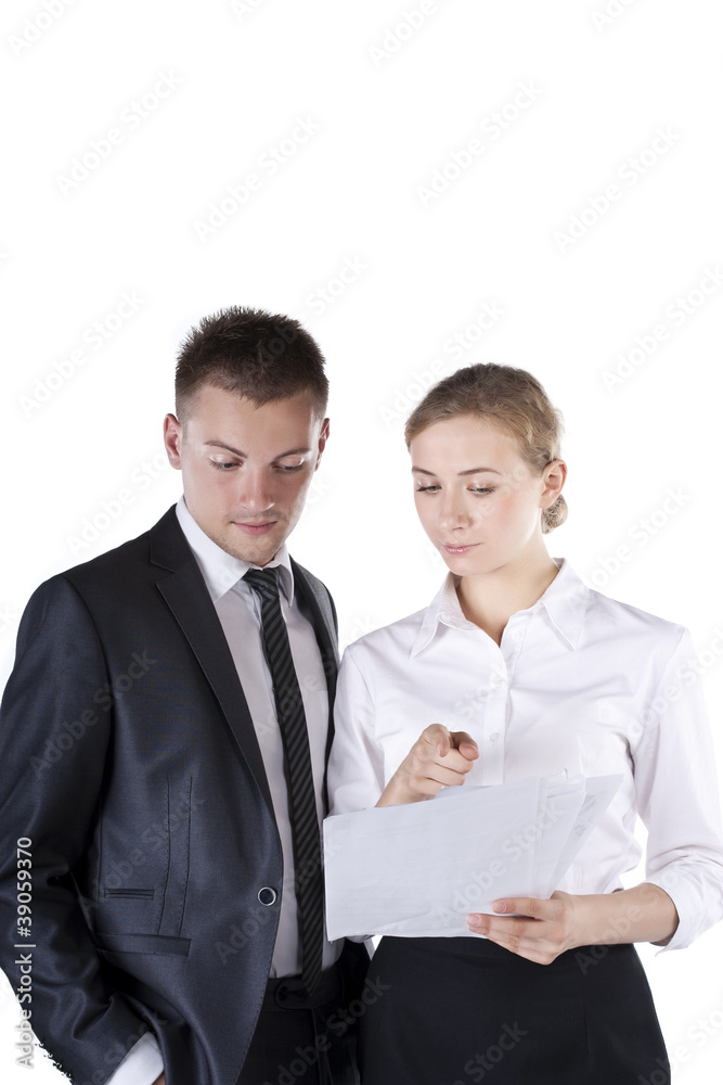 Two happy smiling cheerful business people working Two happy smiling cheerful business people working