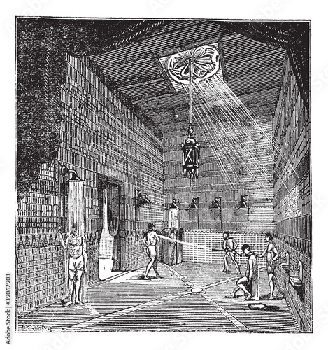 The roman period Shower room vintage engraving
