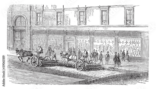 People sweeping the street with carts vintage engraving