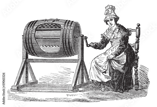 Woman using barrel churn for making butter vintage engraving