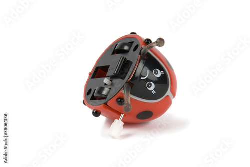 Cuadro en lienzo Wind-up ladybird toy on its back on white background