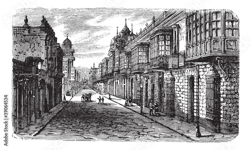 Coca and Bodegones intersection in Lima, vintage engraving.