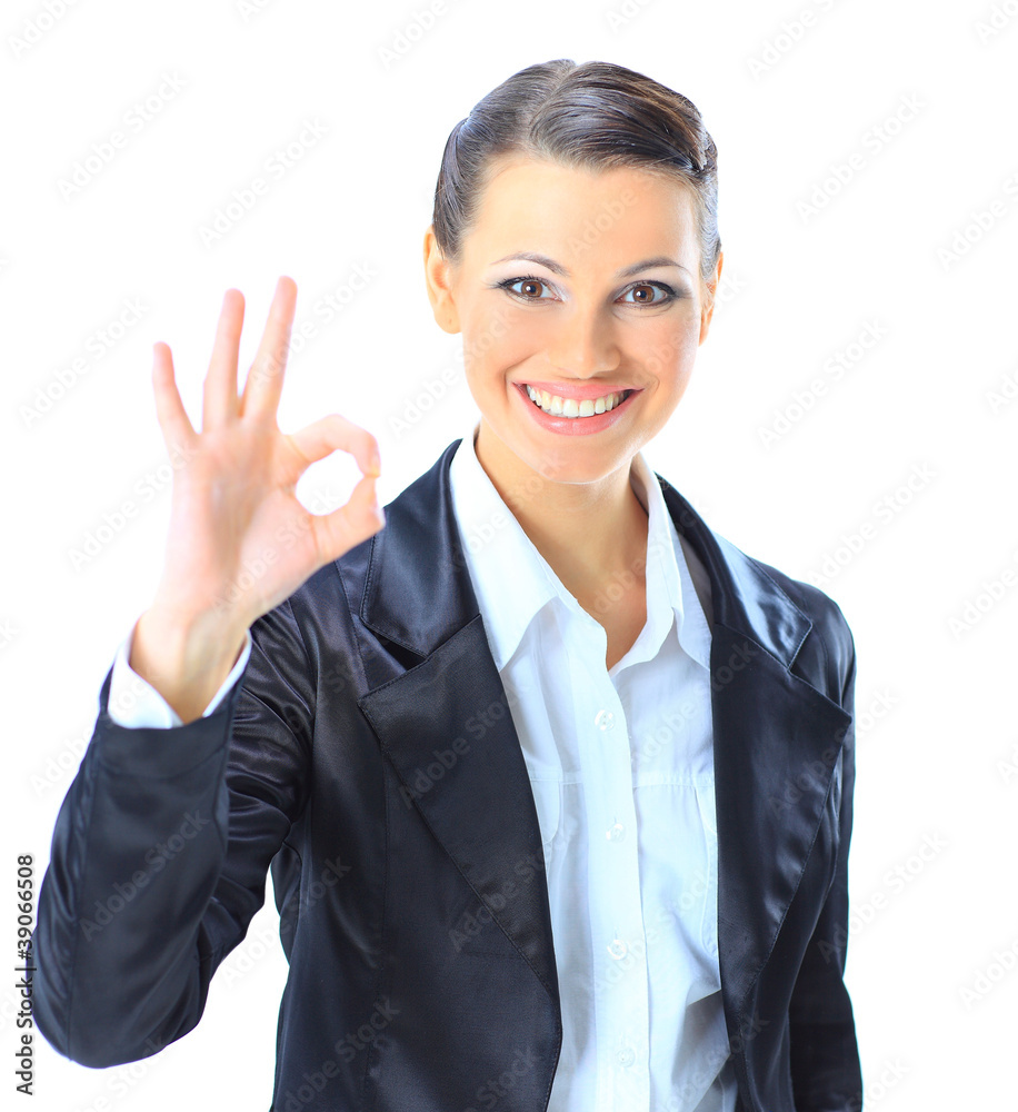 Beautiful business woman show ok. Isolated on a Beautiful business woman show ok. Isolated on a