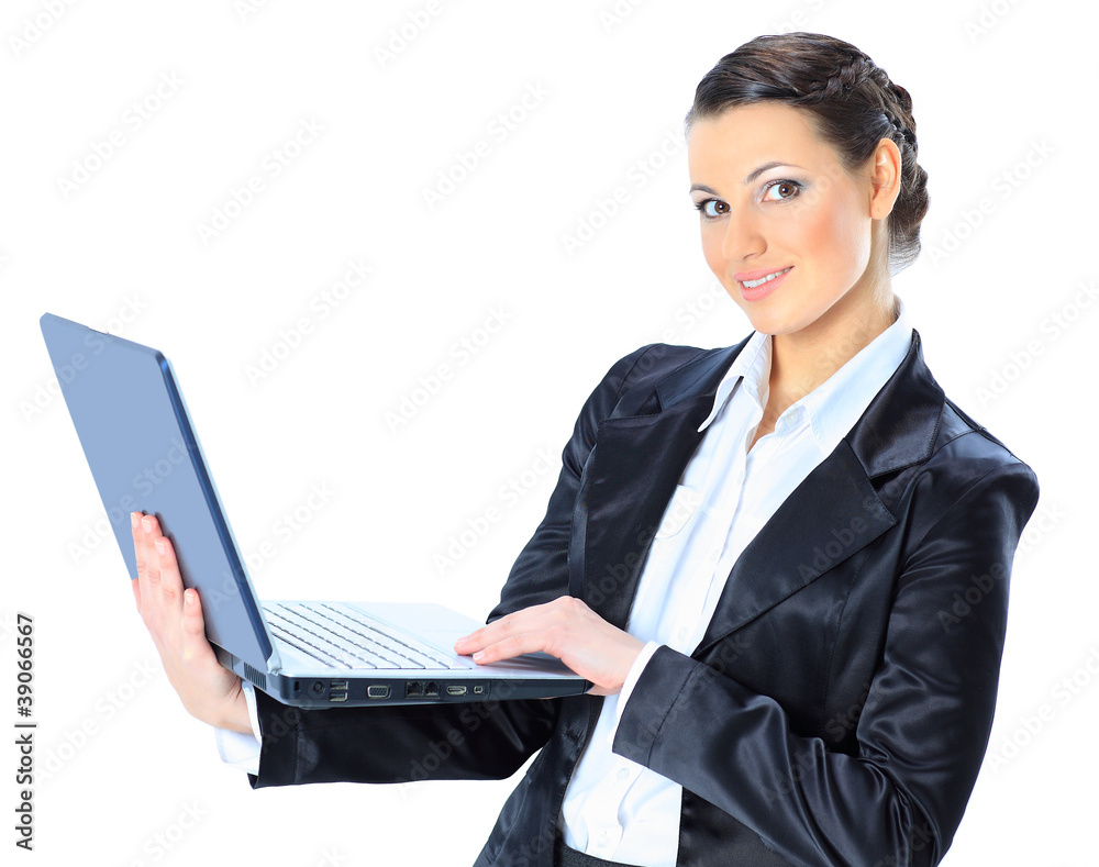 Beautiful businesswoman keeps the laptop. Beautiful businesswoman keeps the laptop.