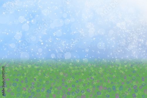 Pretty Spring Background Blue Sparkly Sky Meadow Grass Flowers photo