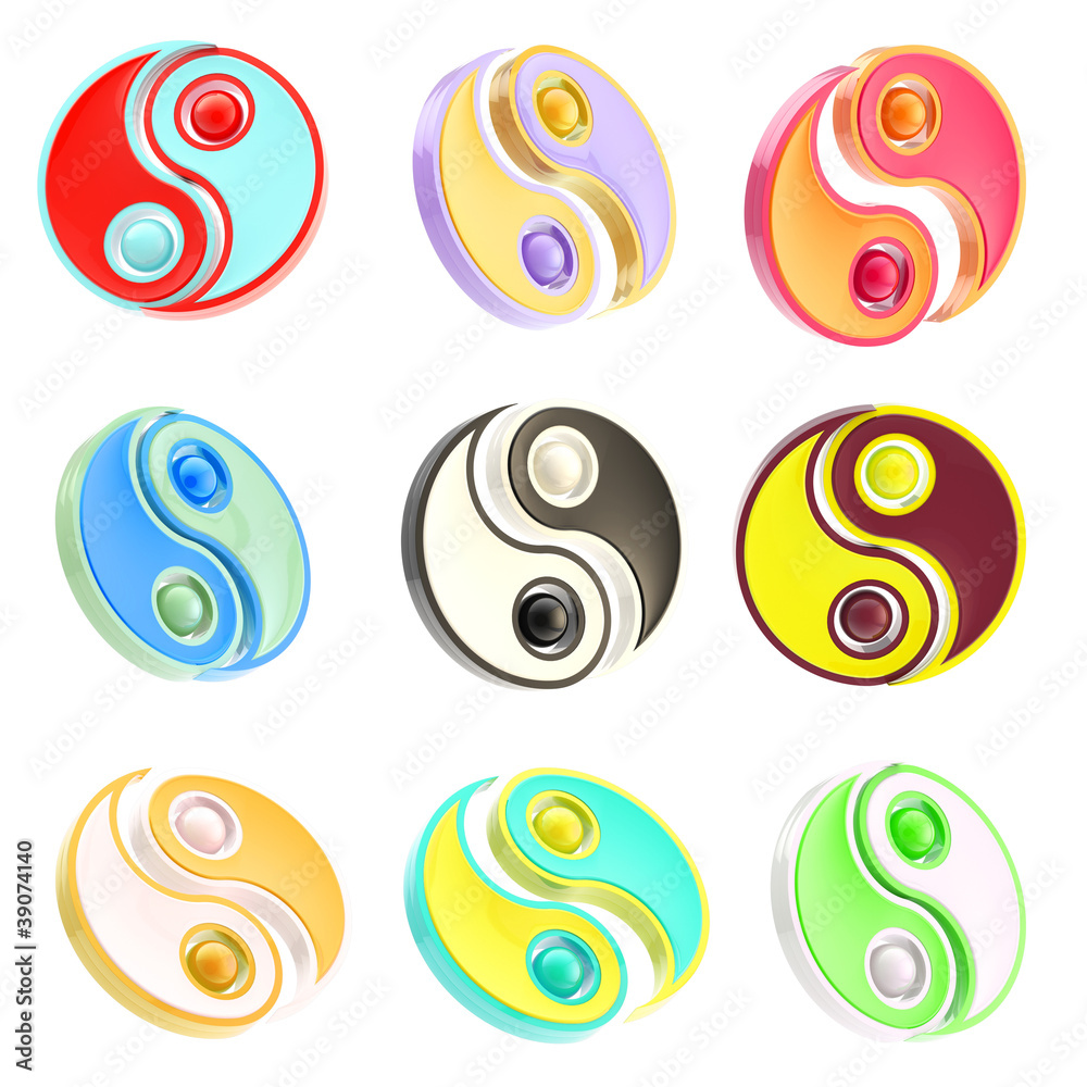 Set of nine Yin-Yang signs isolated on white