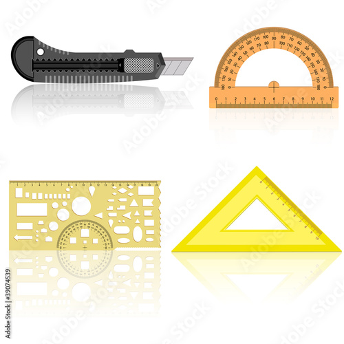 Stationery knife, ruler and protractor