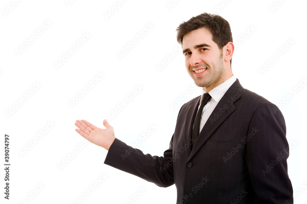 Business man presenting over a white background Business man presenting over a white background