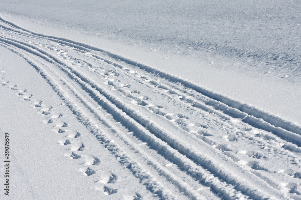 Tire tracks and footsteps in white snow