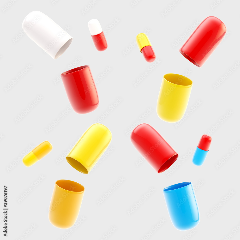 Set of four closed and opened pills isolated Set of four closed and opened pills isolated