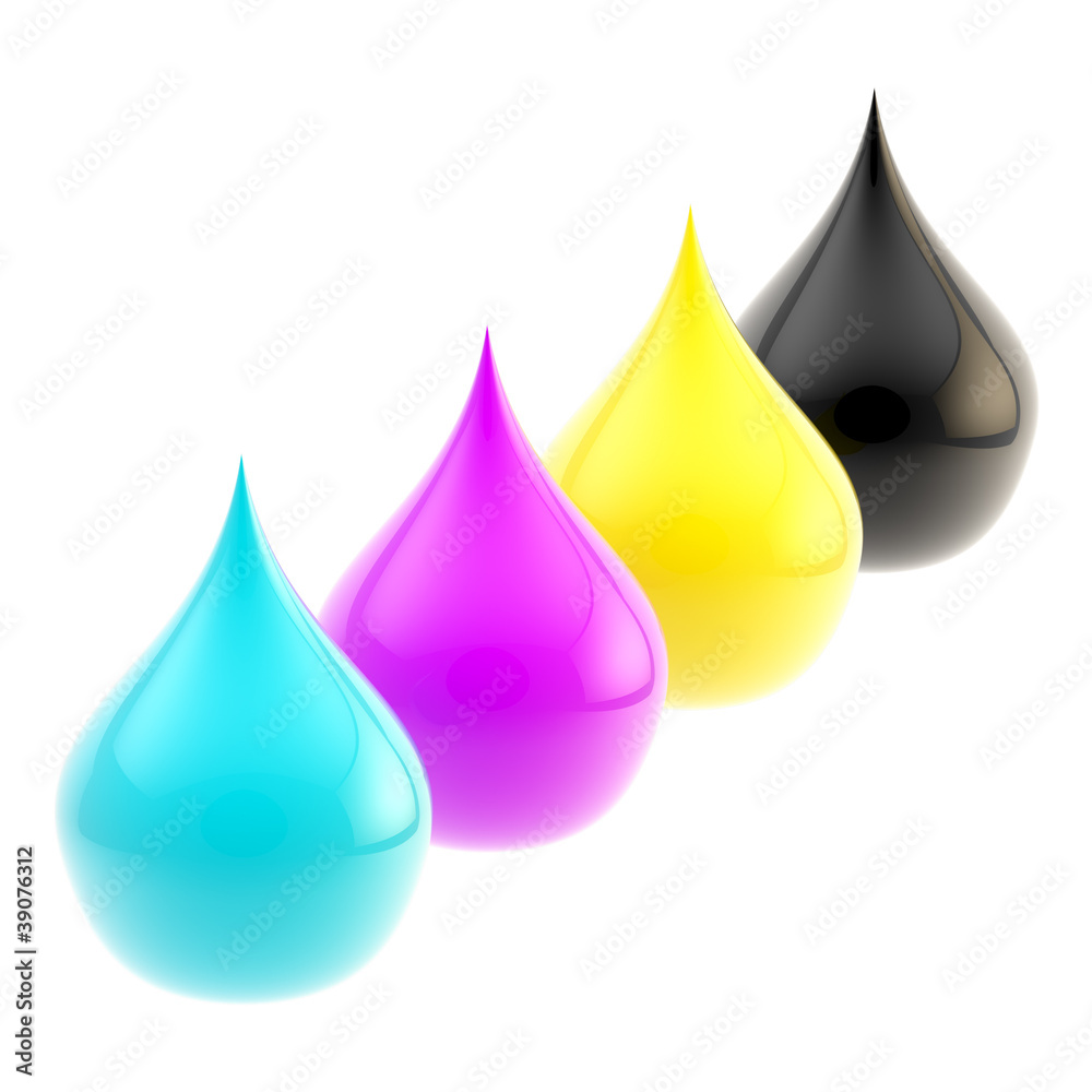 Four glossy cmyk drops isolated Four glossy cmyk drops isolated