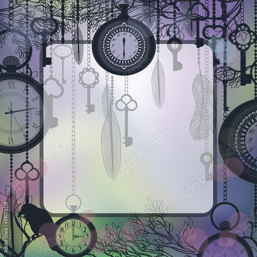 Vintage background with square frame and antique clocks and keys