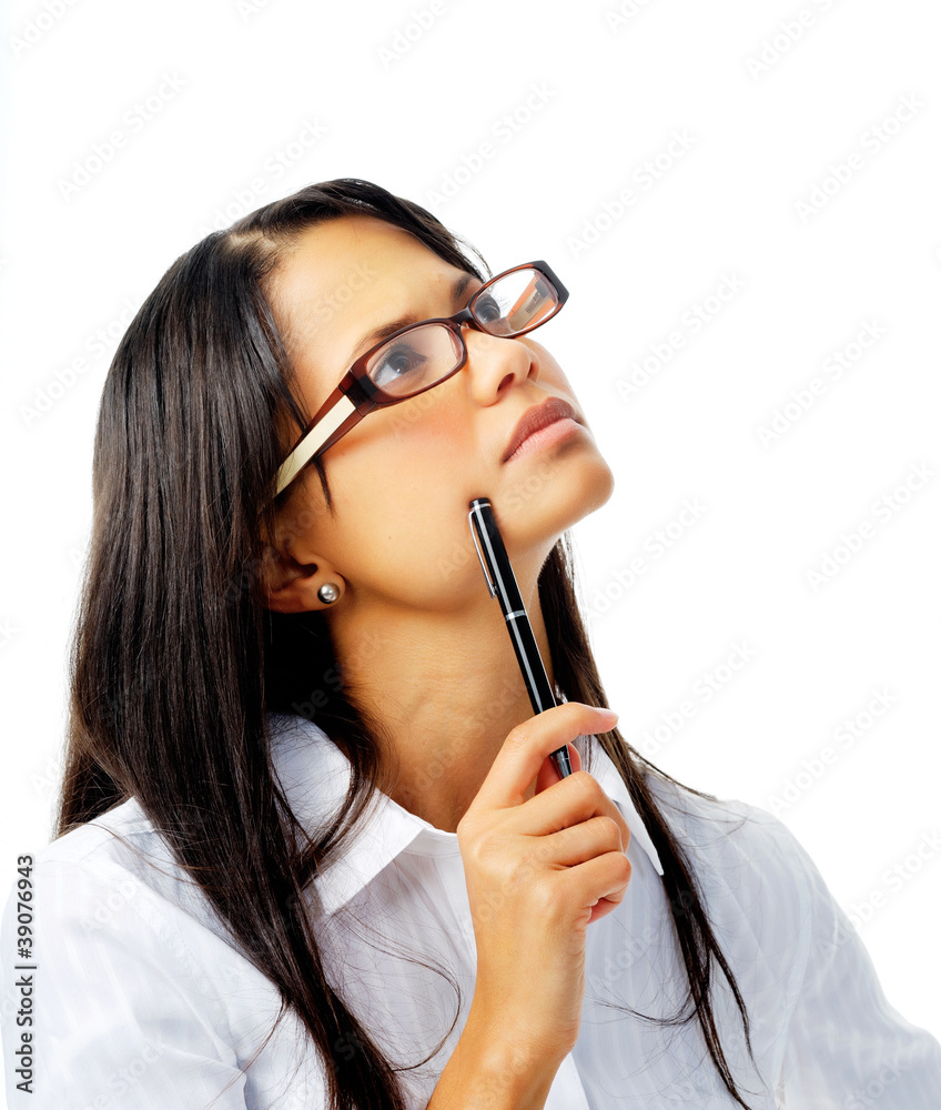 Hispanic woman with glasses thinking with pen Hispanic woman with glasses thinking with pen