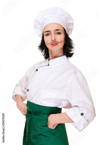 Woman in chef's costume with painted mustaches