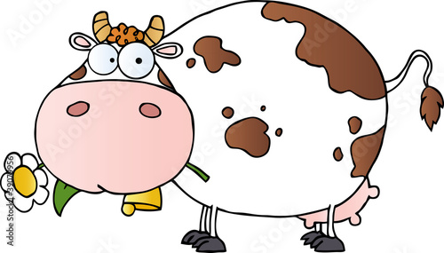 Fat Cow Cartoon Character Carrying A Flower In Its Mouth