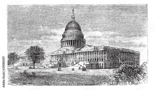 United States Capitol, in Washington, D.C., USA, vintage engravi