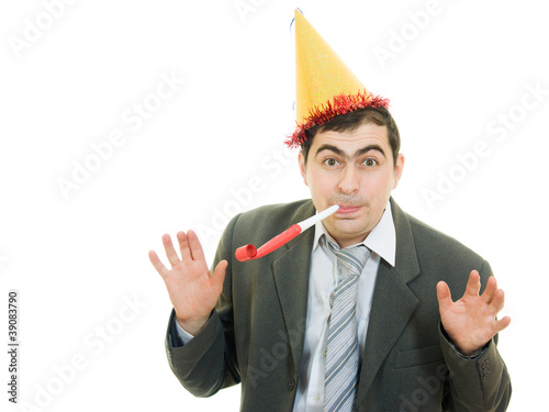 Happy businessman in the hat on a white background.
