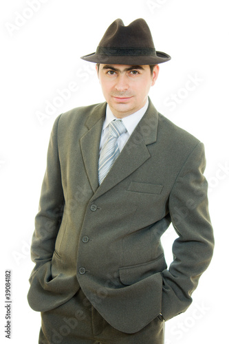 A businessman in a hat on a white background.