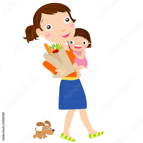 Mother with a supermarket bag and a baby