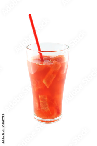 Glass of watermelon juice on white background.