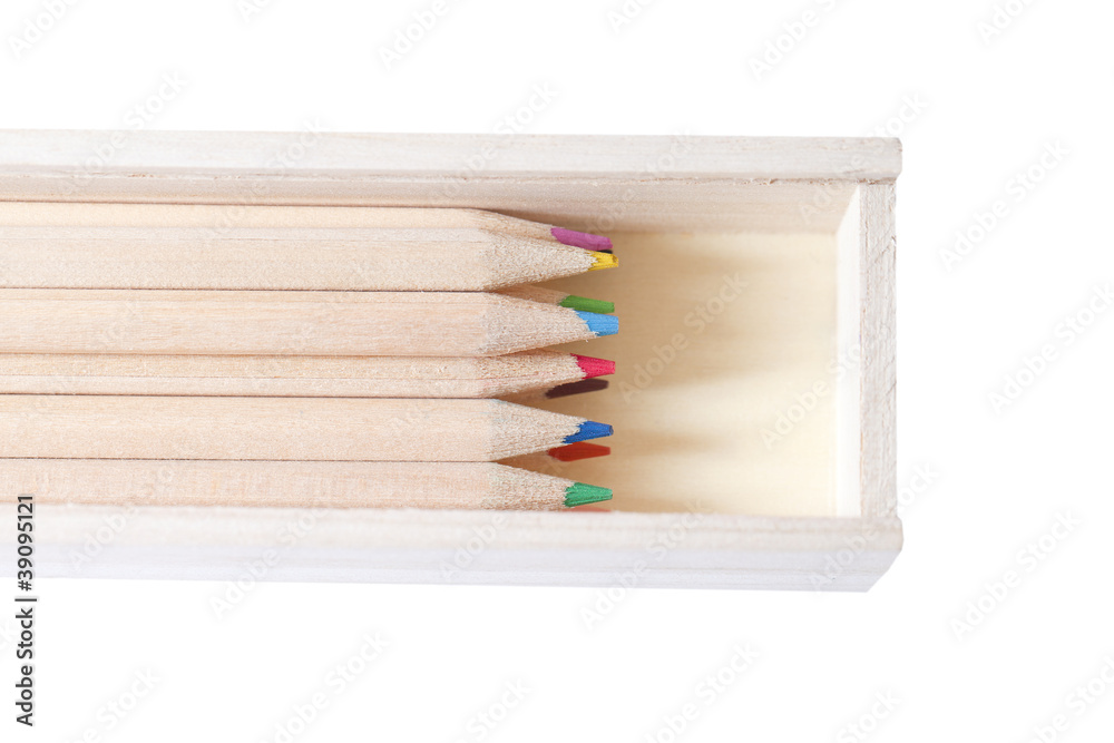 Colored pencils in box..