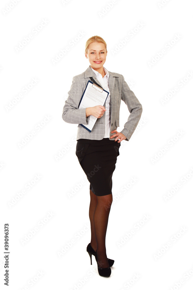 A business woman holding papers , isolated on white background A business woman holding papers , isolated on white background