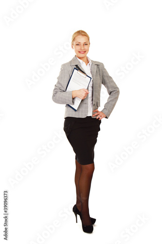 A business woman holding papers , isolated on white background
