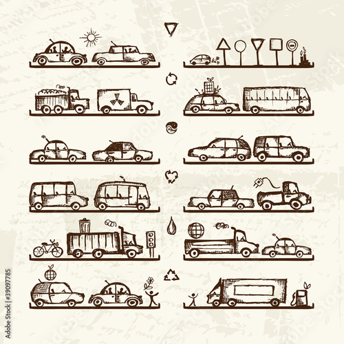Set of cars and traffic signs on shop shelves, sketch