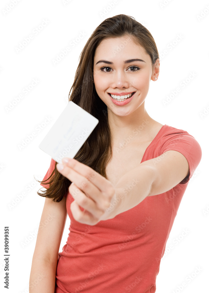 Attractive Young Woman with Blank Credit Card.Focus on face Attractive Young Woman with Blank Credit Card.Focus on face