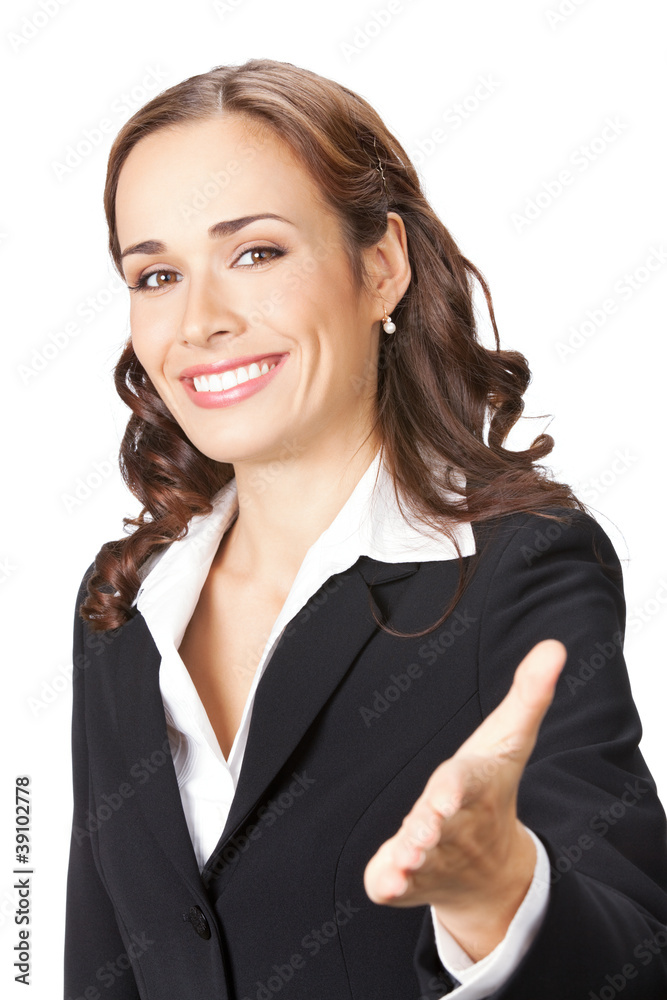 Businesswoman giving hand for handshake, on white Businesswoman giving hand for handshake, on white
