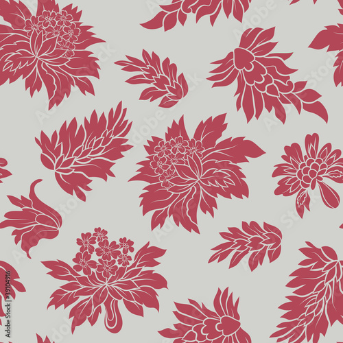 The red flowers and leafs on grey background. Seamless