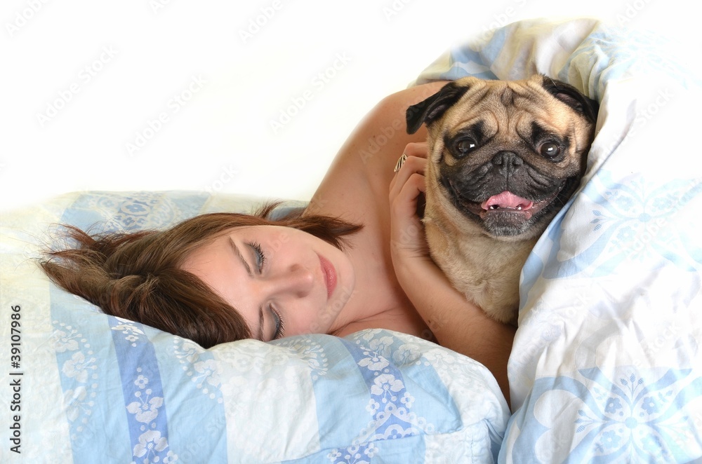 woman with dog in bed woman with dog in bed