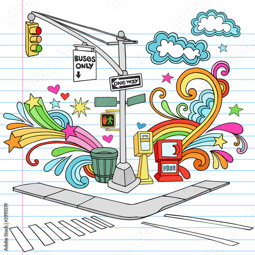 New York City Sidewalk Street Corner Scene Doodles Vector