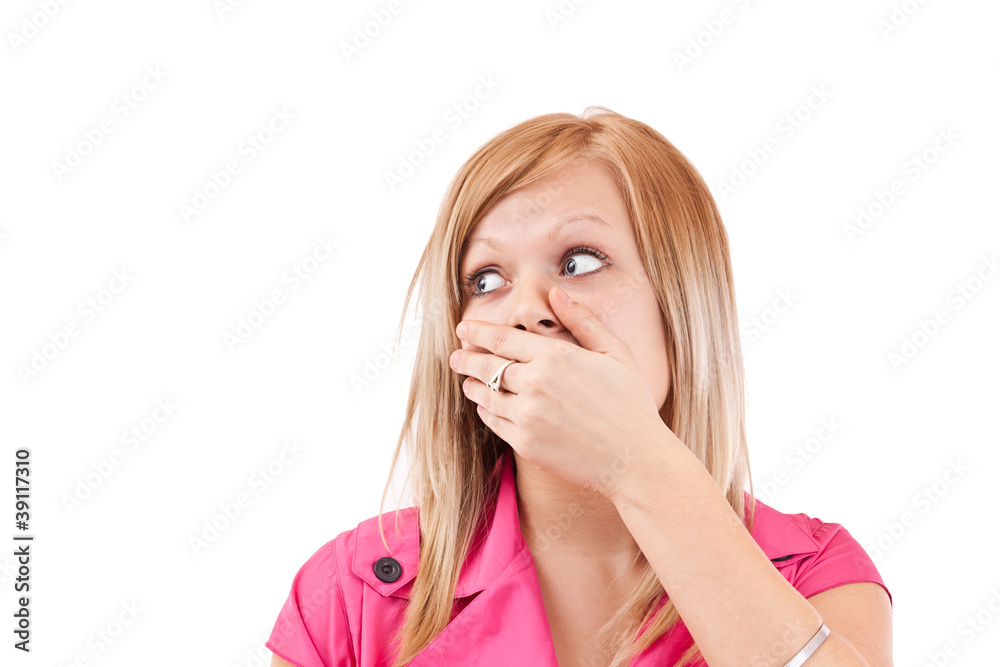 Woman covering her mouth Woman covering her mouth
