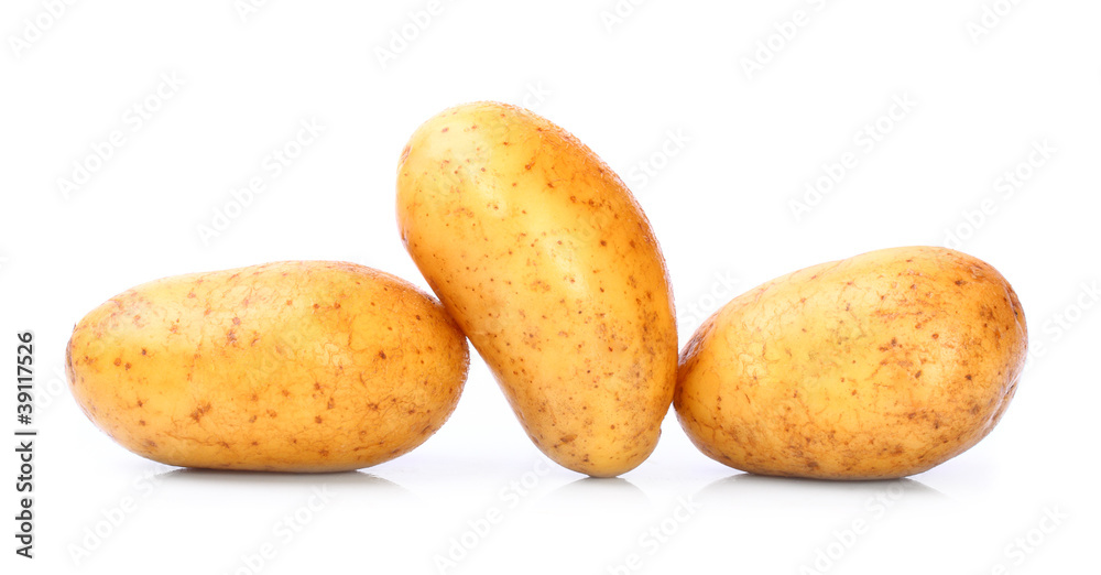 Raw potatoes on a white background.