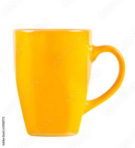 Bright yellow cup isolated on white background.
