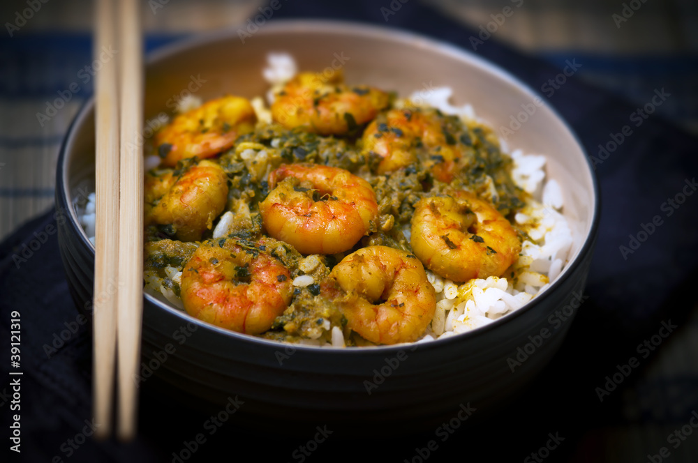 Curry shrimp prawns with rice Caribbean Tasty Trinidad and Tobago local food
