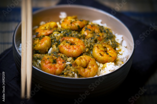Curry shrimp prawns with rice Caribbean Tasty Trinidad and Tobago local food