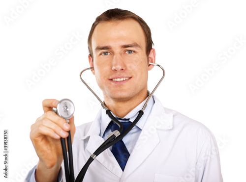 Portrait of a doctor using his stethoscope.