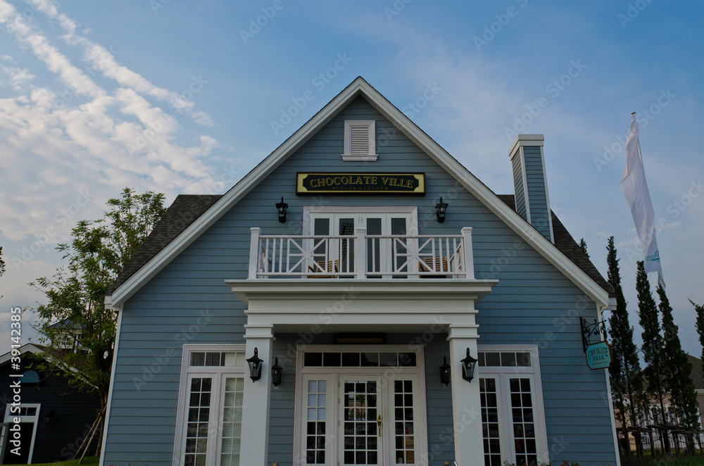 Classic European style building with vivid blue sky.