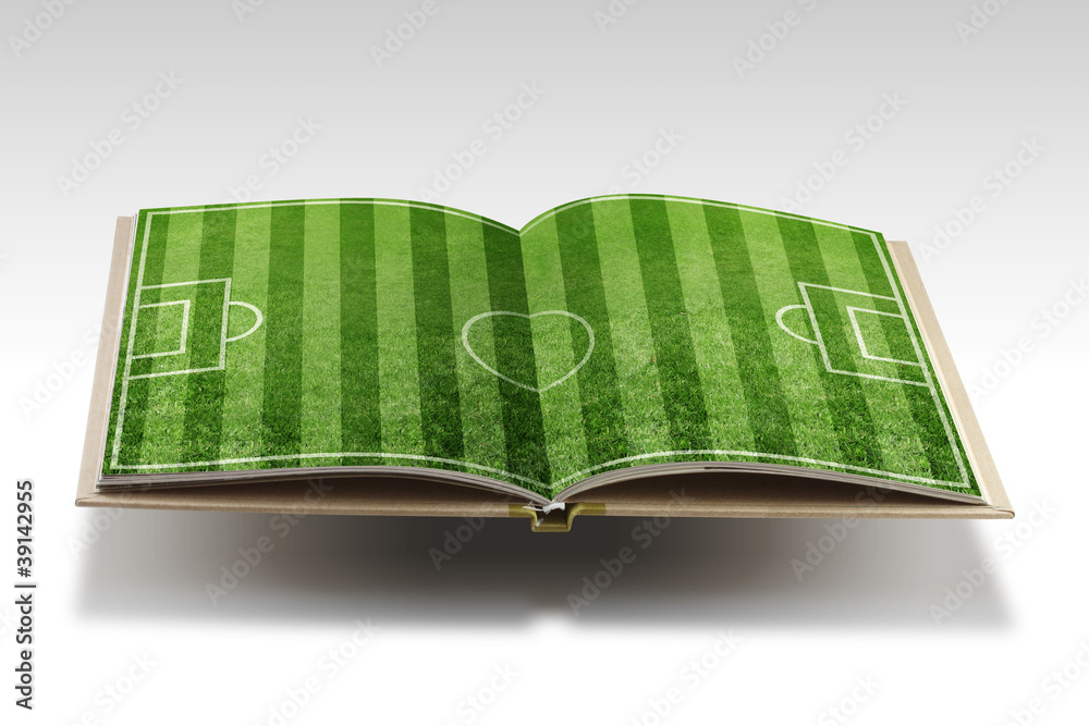 Naklejka premium Open book with soccer stadium on white background